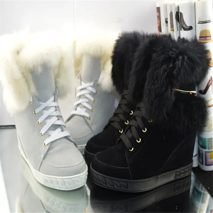 

2017Casual Shoes Round Toe 8cm Height Increasing Lace Up Ankle Strap Furry Soft Fur Black Snow Boots Women Warm Thick Base Boots