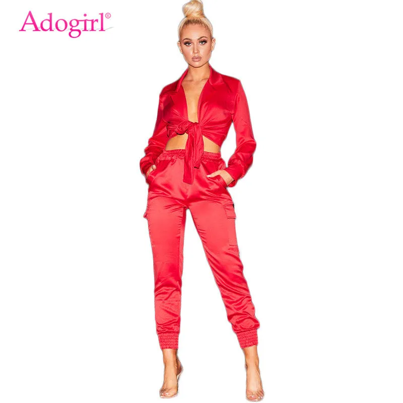 

Adogirl Satin Two Piece Set Front Tie Long Sleeve Shirt Blouse Crop Top Pockets Pants Overalls Women Fashion Sexy Sets Outfits
