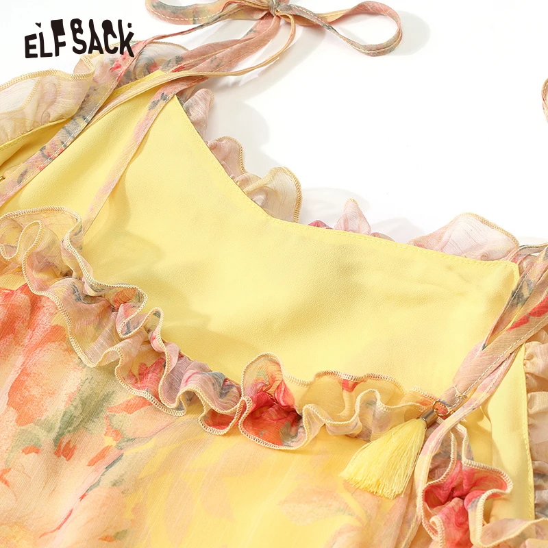 ELFSACK Yellow Floral Print Off Shoulder Strap