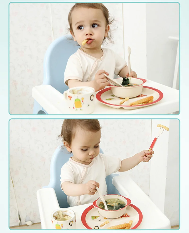 5 PcsSet Baby Bamboo Fiber Dinnerware Eco-friendly Children Feeding Food Plate With Cup Spoon Fork Food Storage Plate BB5120 (11)