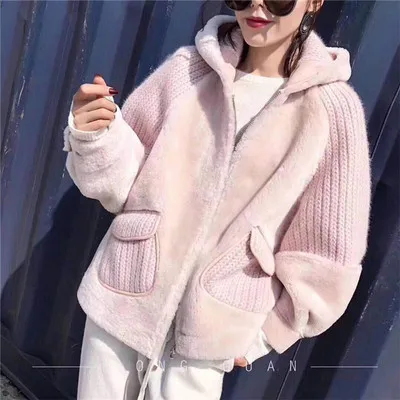 Новое вязаное шерстяное лоскутное пальто с рукавом из искусственного Шуба из кролика рекс женское свободное меховое пальто с капюшоном F1052 - Цвет: pink