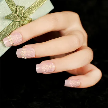 

24pcs Rhinestone Pink Fake Nail With Glitter Acrylic Full Cover False Nails