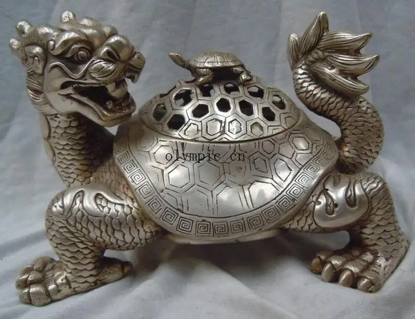 China Silver Carved Lucky Dragon Turtle Incense Burner Sculpture Statue