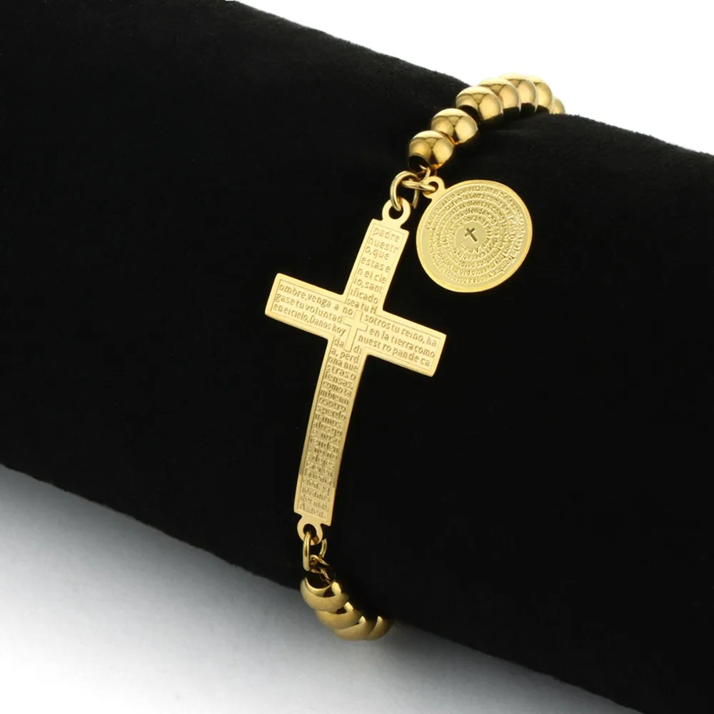 Религиозная испанская Библия медаль кулон браслет ювелирные изделия из нержавеющей стали Боком Крест бусины браслет для женщин мужчин MN52