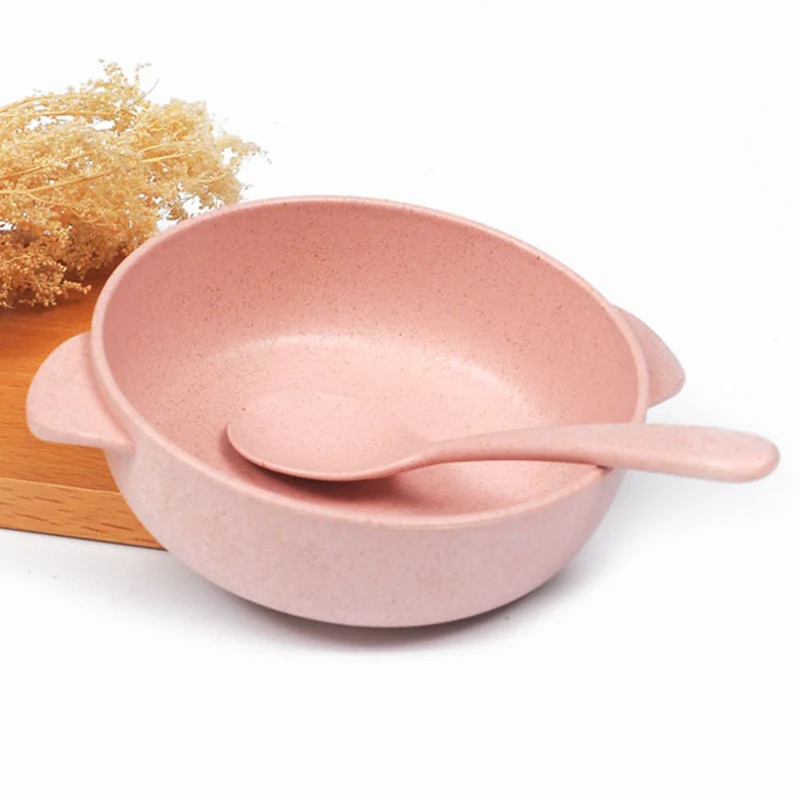 2 шт./компл. детские пищевые тарелки для кормления столовая посуда набор ложка из пшеничной соломы миска сплошной цвет Экологичная детская посуда MBG0349 - Цвет: Pink