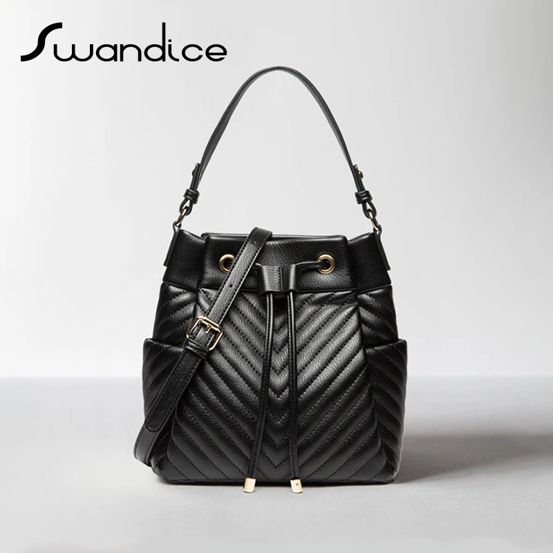 

High Quality V Line Quilted Quilting Threads Drawstring Bucket Shoulder Crossbody Messenger Bags Women Female Small Handbags