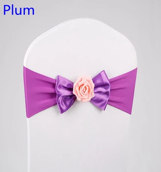 

Plum Colour Lycra chair sash butterfly bow tie with rose ball for wedding chairs decoration spandex band stretch bow tie