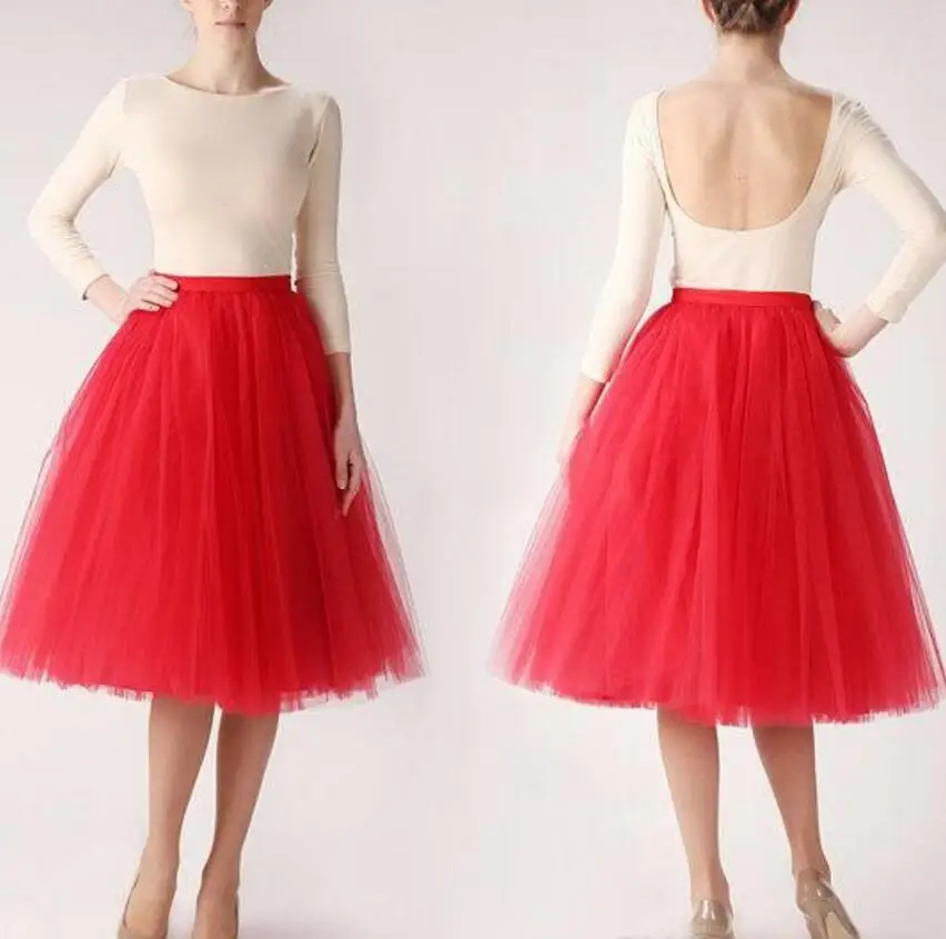 England Style Puffy Red Tulle Skirts For Women Knee Length Zipper Short