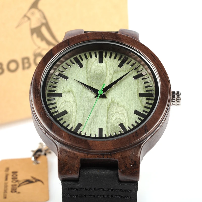 BOBO BIRD WC25 Ebony Wooden Watch Green Second Pointer Wood Face Watches for Men