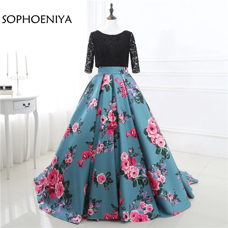 New Arrival Three quarter Evening dresses Long 2021 Black Floral Print Gowns Formal Dress For Party vestido de festa | Свадьбы и