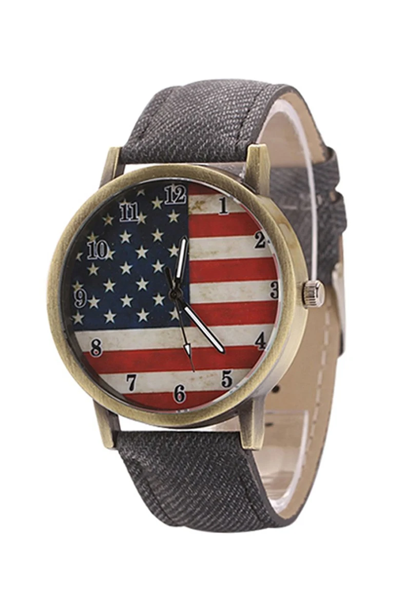 YCYS!Unisex American Flag Pattern Bronze Denim Band Wrist Watch Black