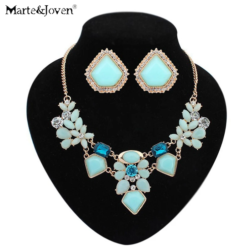 

[Marte&Joven] New Fashion Statement Fine Jewelry Sets Colorful Flower Design Sweet Crystal Necklace Set For Women Wedding Set
