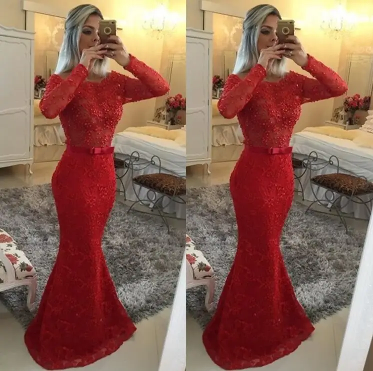 

Robe de soiree 2018 Sexy Mermaid Evening Dress Pearls Long Sleeve Prom Dresses 2018 Bow Appliques Formal Dress Party Gowns M2572