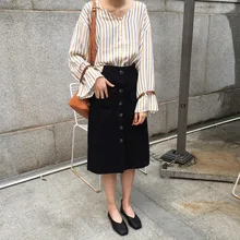 Высокое качество английский стиль Шикарная новая женская одежда модный тренд темперамент сплошной черный Сплит Кнопка Империя прямые юбки