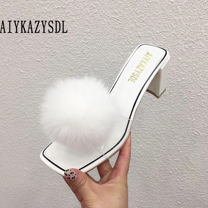 Женские туфли на толстом каблуке AIYKAZYSDL натуральный мех кролика мюли шлепанцы