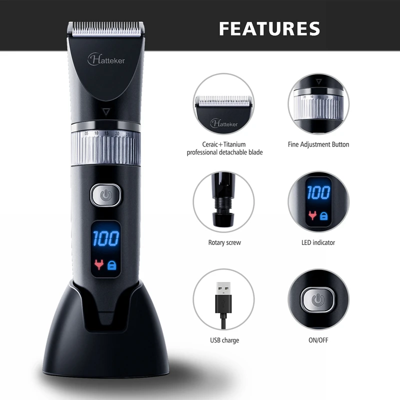 HATTEKER Professional Electric Hair Clipper Ceramic Blade Waterproof Hair Trimmer LED Display Haircut Machine for Men 69001
