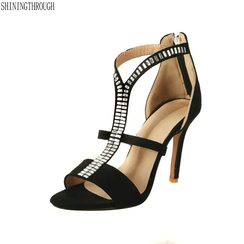 

2018 ladies wedding shoes10cm high heel Sandals woman T-strap crystal Casual Summer women shoes large size 43