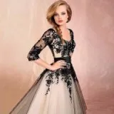 conew_conew_modest sleeves black ivory lace appliques tea length tulle ball gown a-line wedding dresses 2015 new arrival free shipping_conew2