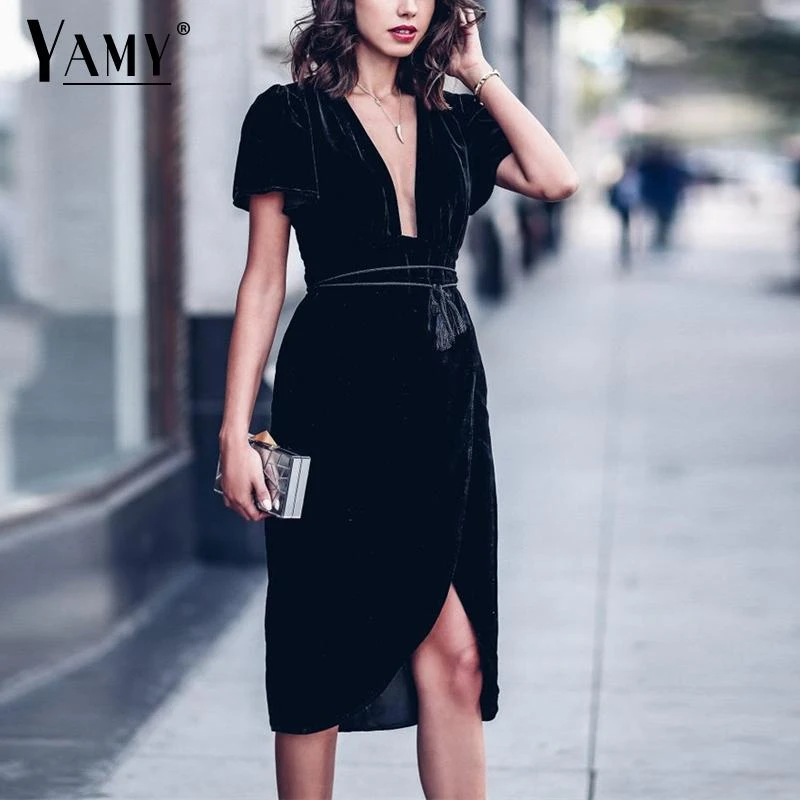 Winter black Velvet Wrap dress women midi dress vintage short sleeve bow  tie party dress korean office work dress Vestidos|Dresses| - AliExpress