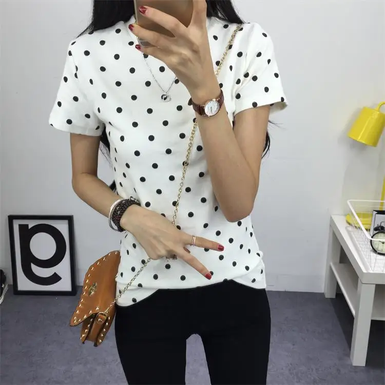 Women's T-Shirt Summer Clothes Girls Tee Shirt O-neck Polka Dotted Printed Tshirt Short Tops Bottoming Tops