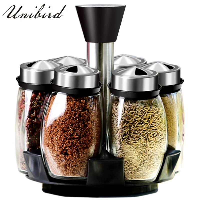 

Unibird 7Pcs/Set Rotating Glass Cruet Condiment Spice Jars Set Pepper&Salt Shakers Seasoning Box Sprays Kitchen Storage Rack