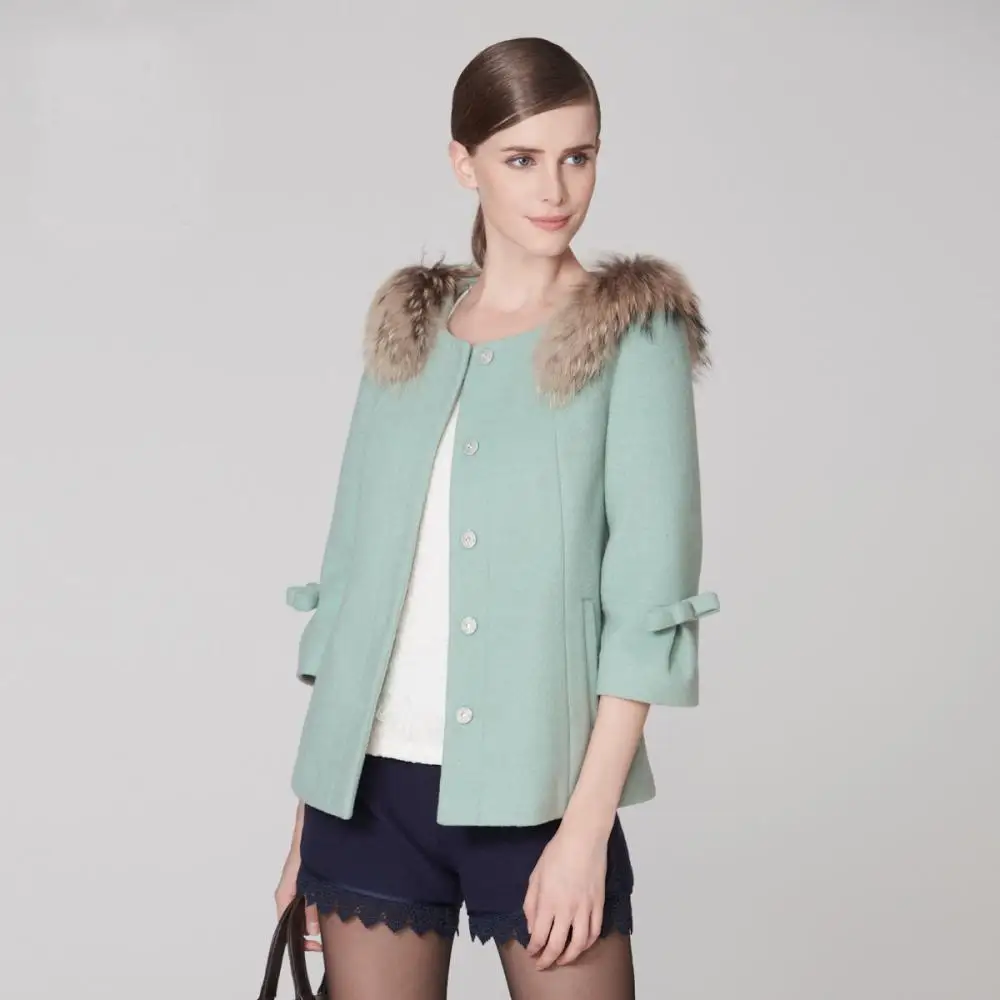 New 2014 Spring Brand Women Woolen Coat OL Commuter Elegant Fashion Colorful Slim Wool Raccoon Fur Collar 3/4 Sleeve D37054|coated tablecloths|coats