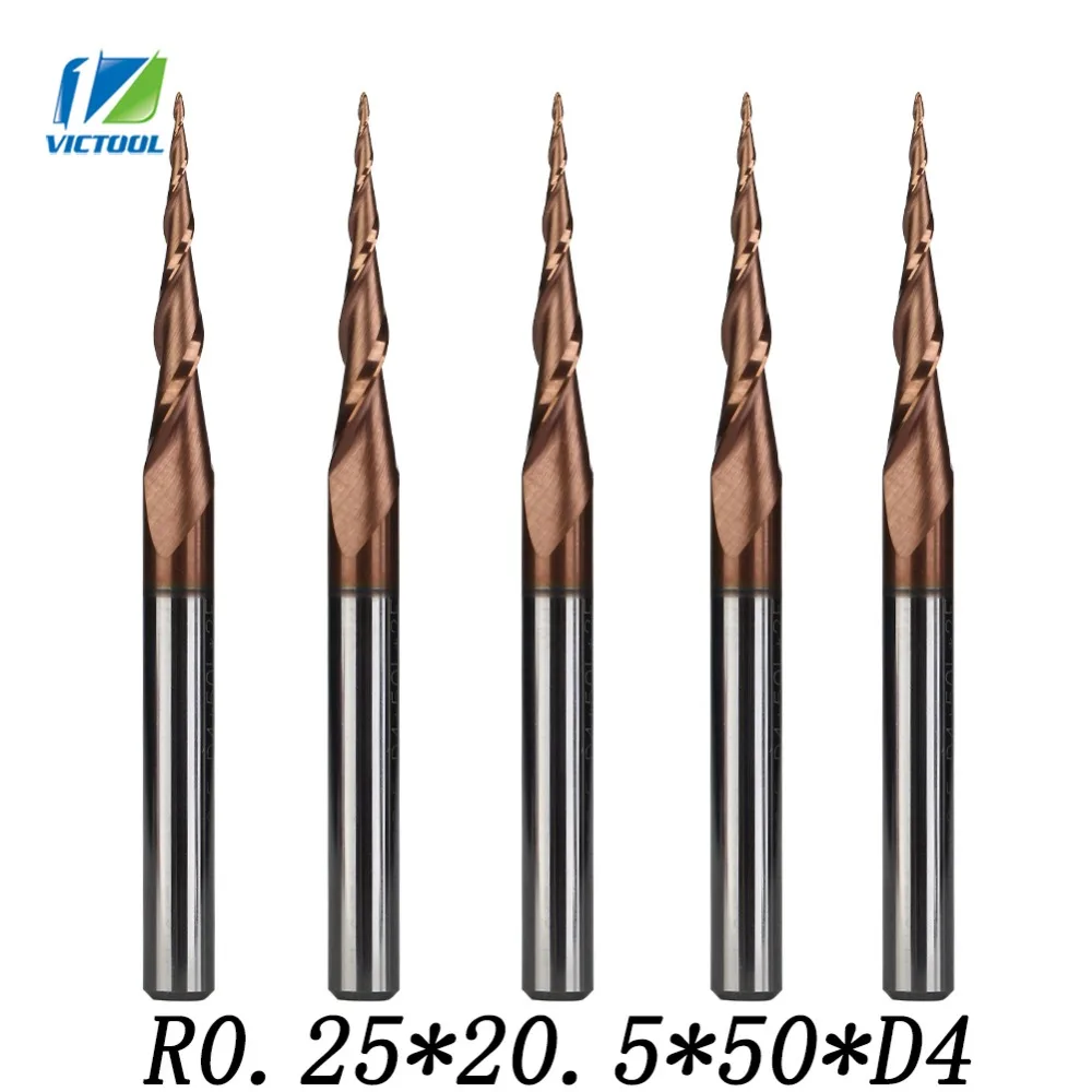 

5pcs/lot R0.25*D4*20.5*50L*2F Tungsten Carbide Ball Nose Cone Type H-SI Coated Tapered End Mills cnc Milling Cutter Bits Tools