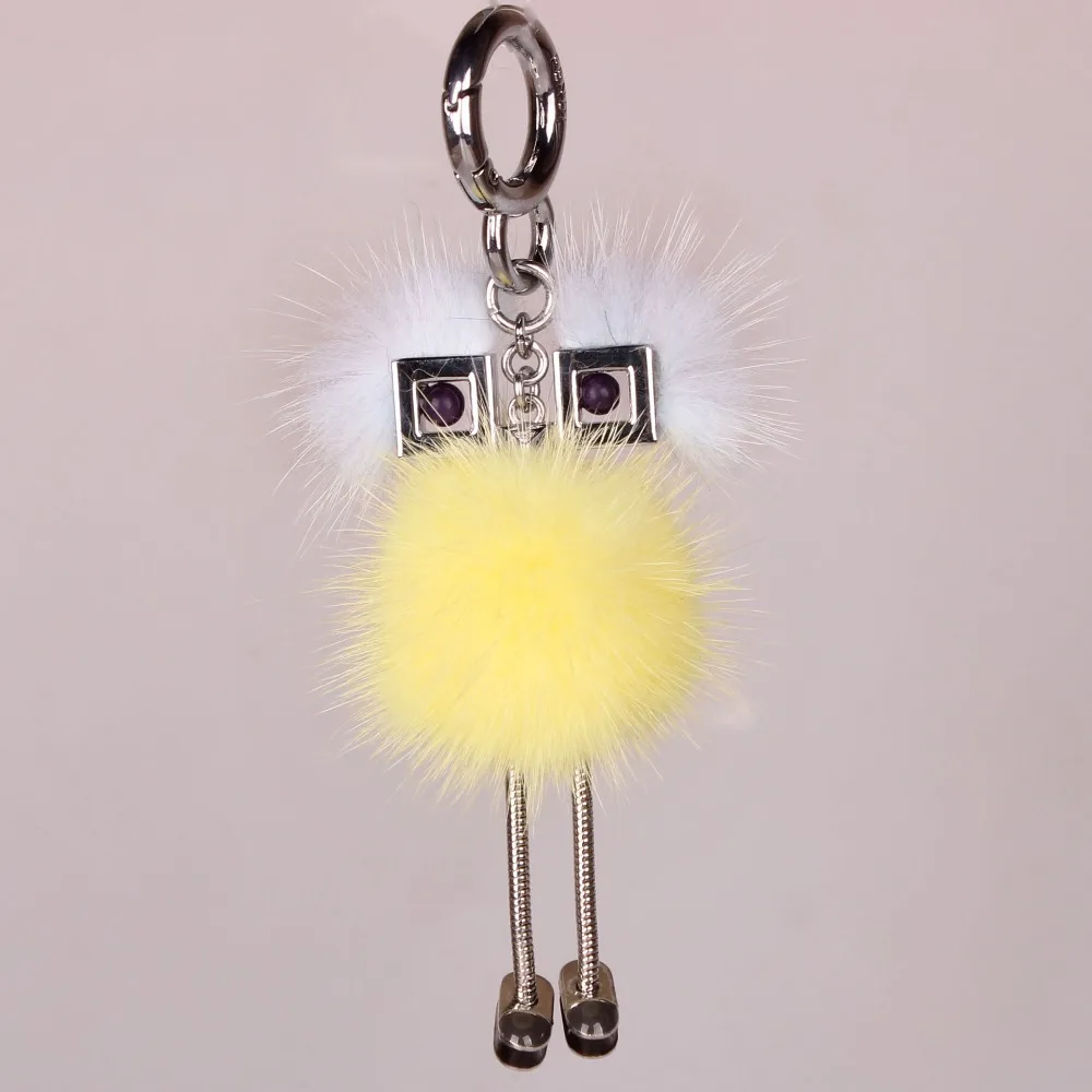 

Real Mink Fur Pom Chick Robot Key Wallet Key Monster Bag Charm Cute silver Robot Luxury Pendant Genuine Pompom Rabbit Fur
