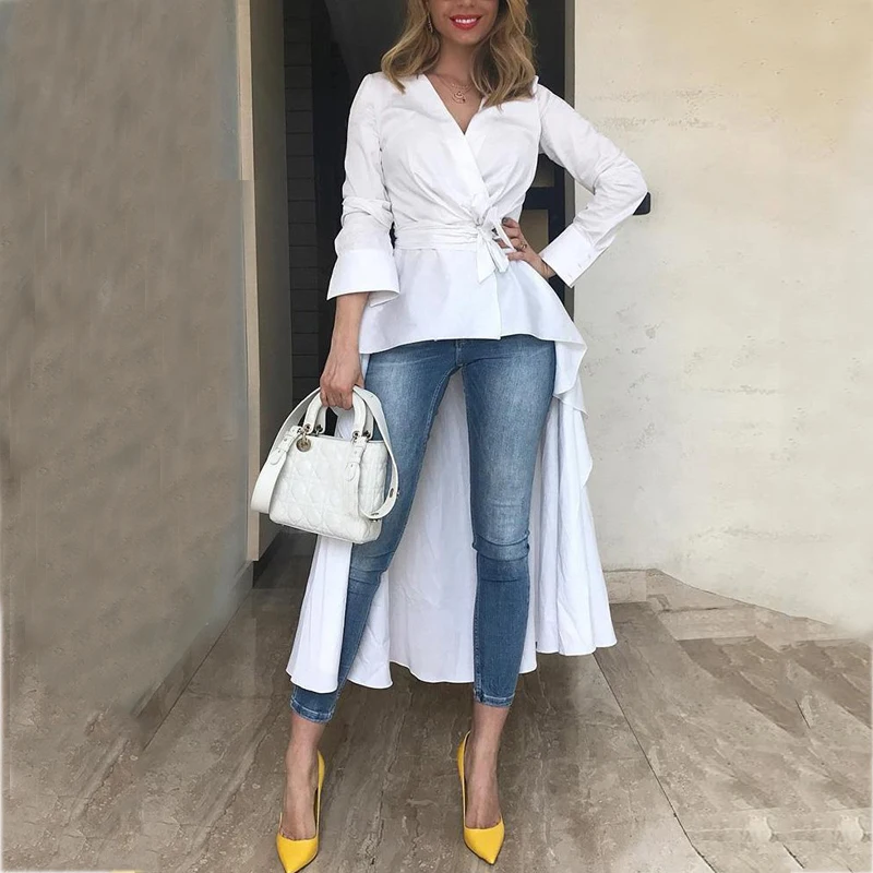 

Women Solid Long Sleeve Dip Hem Belt Casual Top Elegant Streetwear V-Neck Blouse Ladies Wrap Shirt