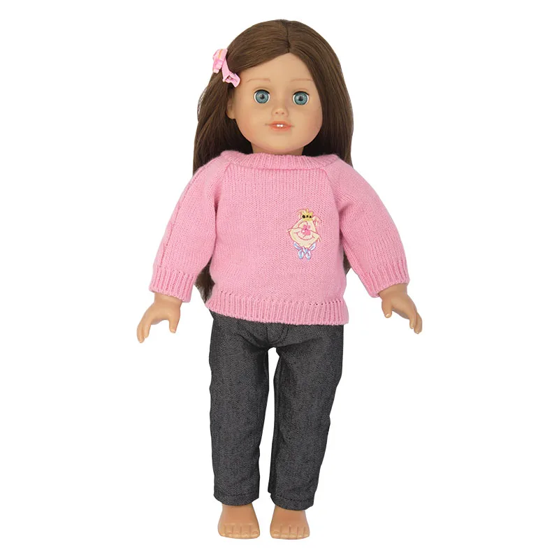 New Fashion American Doll Clothes Set Pink Sweater Jeans Clothes Suit Fit For 43cm Dolls And 18-Inch Baby Doll Toy Accessories