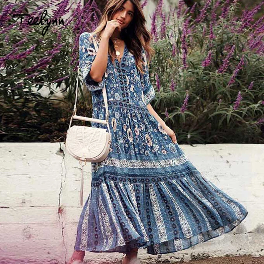 

TEELYNN boho Dress blue floral print sexy v-Neck summer Dresses loose waist holiday Bohemia rayon long women dress 2018 vestido
