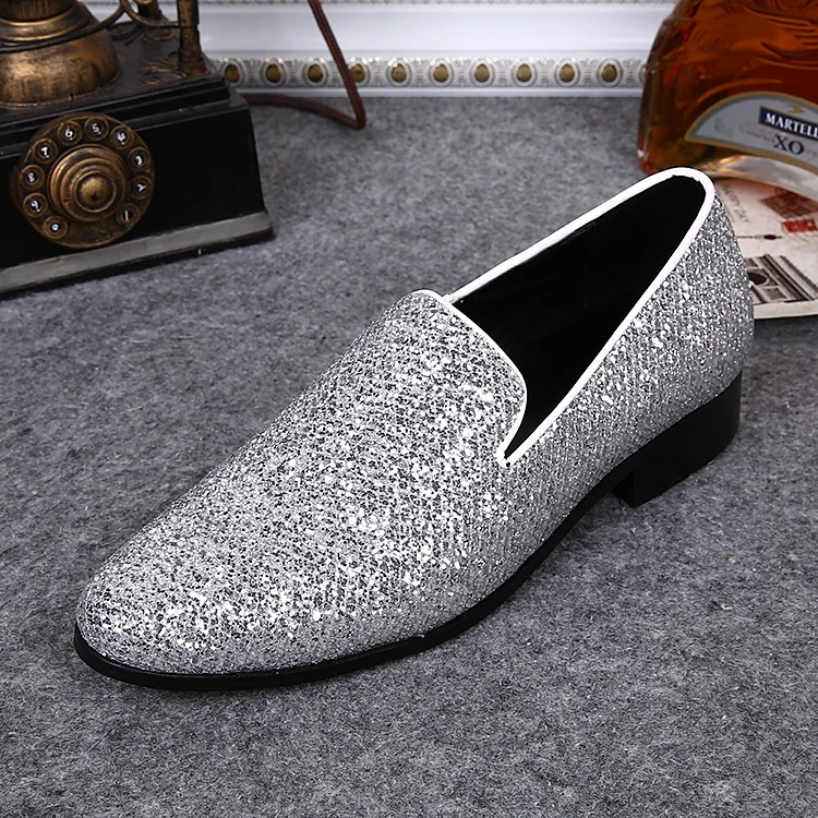 Мужская обувь серебряный цвет низкий каблук свадебные туфли обувь без шнуровки мужские лоферы острый мысок модельные туфли