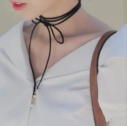 170cm black suede cord customized bow tie choker necklace for office lady