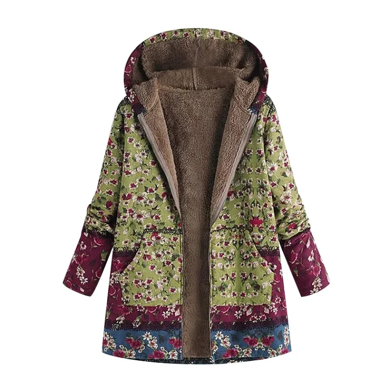 EaseHut Fall Long Hooded Coats Retro Floral Print Long Sleeve Autumn Lady Casual Parkas 5XL Plus Size Winter Women Jackets - Цвет: Зеленый