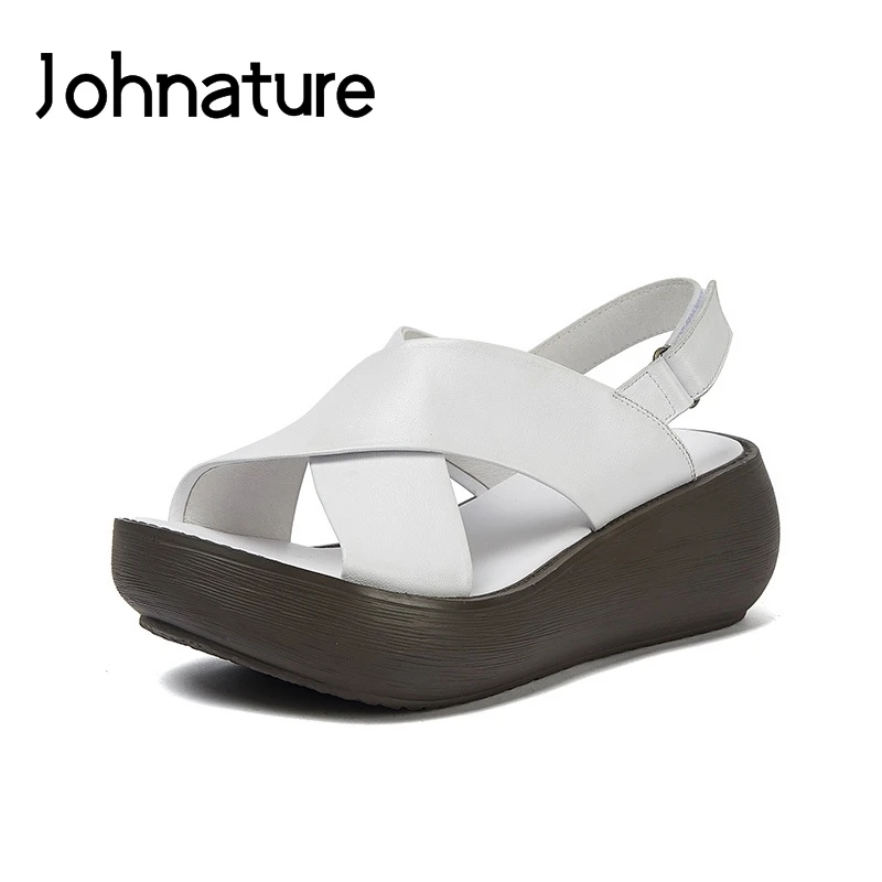 

Johnature Genuine Leather Summer Platform Sandals Casual Hook & Loop Solid Buckle Strap Leisure Wedges Women Shoes