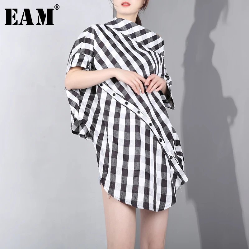 [EAM] новая весенне-летняя рубашка со стоячим воротником и рукавом три четверти черного цвета в клетку большого размера Женская модная блуза JF60