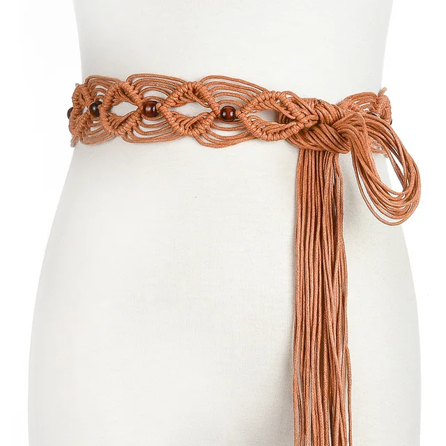Women Belts Wax Rope Wooden Bead Rope Hollow Woven Rope Hand beaded Belt Female Braided Waist