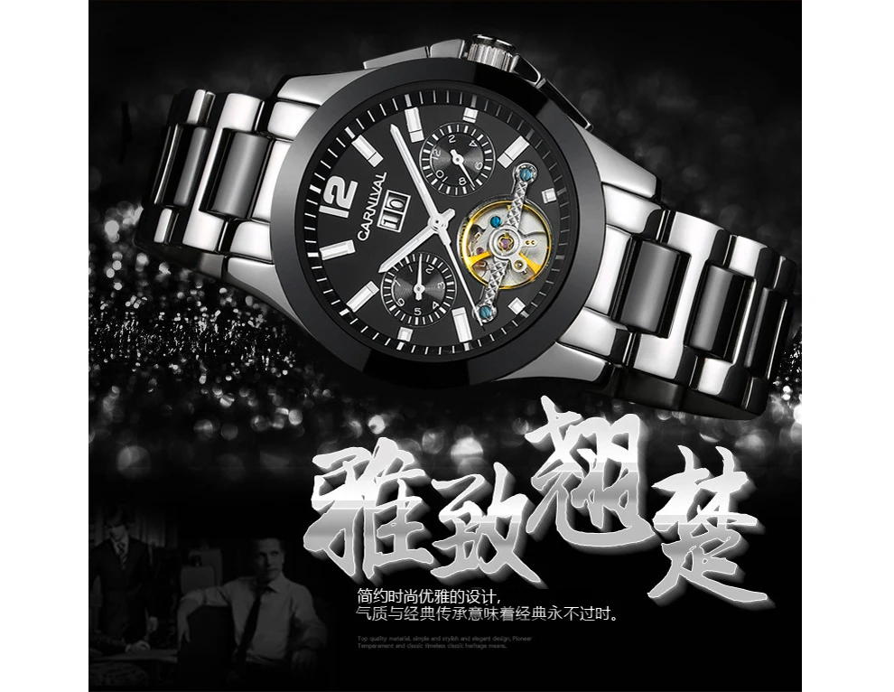 Carnival Skeleton Mechanical Watch Luxury Men Black Waterproof Fashion Casual Military Brand Sports Watches Relogios Wristwatch Wristwatch Brand Wristwatch Militarywristwatch Waterproof Aliexpress