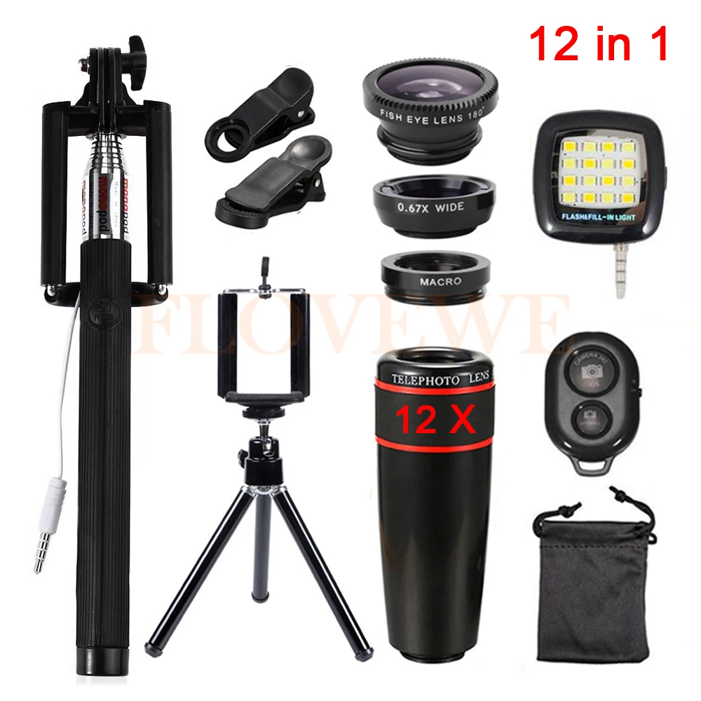 imágenes para 2017 12in1 kit 12x Teleobjetivo Lentes Lentes de ojo de Pez de Gran Angular Macro + Autofoto Remoto + + Trípode + Clips + Luz de destello Para El Smartphone imágenes para 2017 12in1 kit 12x Teleobjetivo Lentes Lentes de ojo de Pez de Gran Angular Macro + Autofoto Remoto + + Trípode + Clips + Luz de destello Para El Smartphone