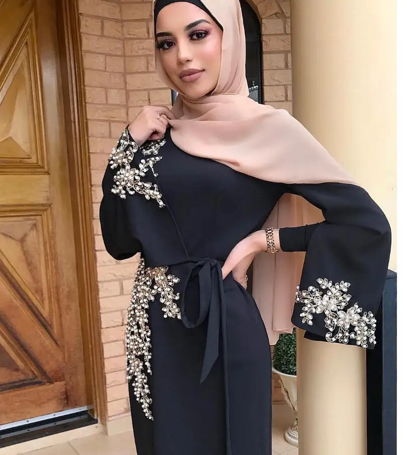 Новый модный мусульманский хиджаб платье для вечерние 2019 Бисероплетение Дубай платья дамы Исламская одежда Турция Кафтан