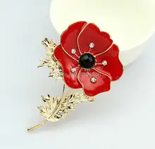 Hot Selling Red Remembrance Poppy Brooch Pins Bouquet Crystal Badge Gold Pated Flower Women Men Fashion Christmas Gift Jewelry