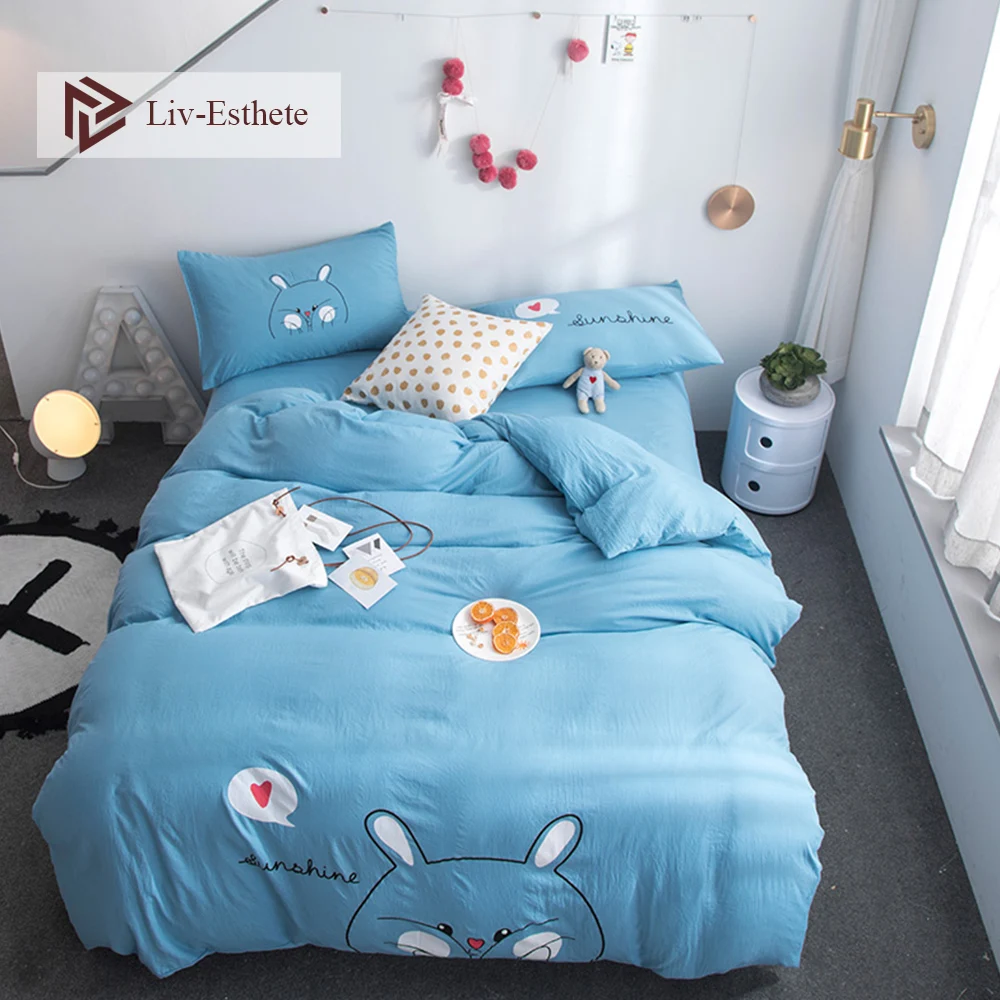 

Liv-Esthete Fashion Cute Kids Blue Rabbit Cartoon Bedding Set Pink Duvet Cover Flat Sheet Pillowcase Double Queen King Bed Linen