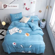 Liv-Esthete Fashion Cute Kids Blue Rabbit Cartoon Bedding Set Pink Duvet Cover Flat Sheet Pillowcase Double Queen King Bed Linen