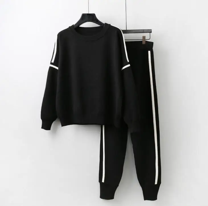 

2018 New Fashion Autumn Women's Long Sleeve Pullover Sweater + Knitted Pants Two Pieces Female Students Knitting Pants Suit