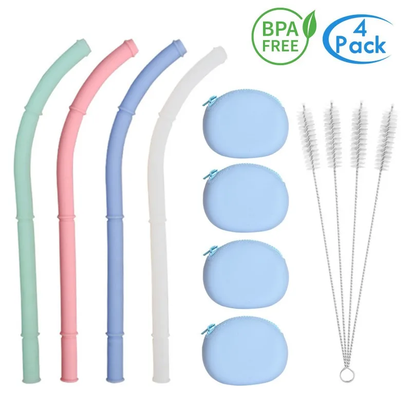 

4pcs/lot Reusable Drinking Straw Silicone Folding Straws With Case And Cleaning Brush Outdoor Household Kitchen