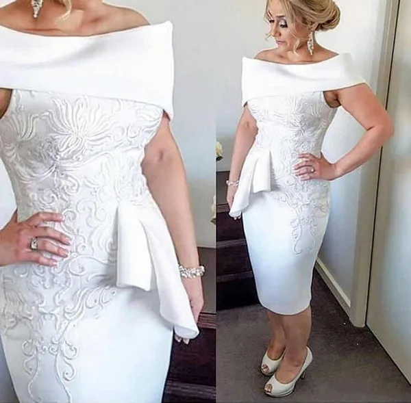 

Vintage Mother of The Bride Dresses 2018 Bateau Tea Length White Applique Off the Shoulder Ruched Custom Made Sheath Madrinha