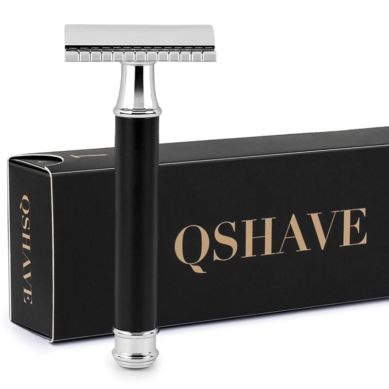 Qshave, Мужская Ручная бритва, Классическая безопасная бритва, черная ручка, двойное лезвие, нержавеющая сталь, металл, с 5 лезвиями в подарок