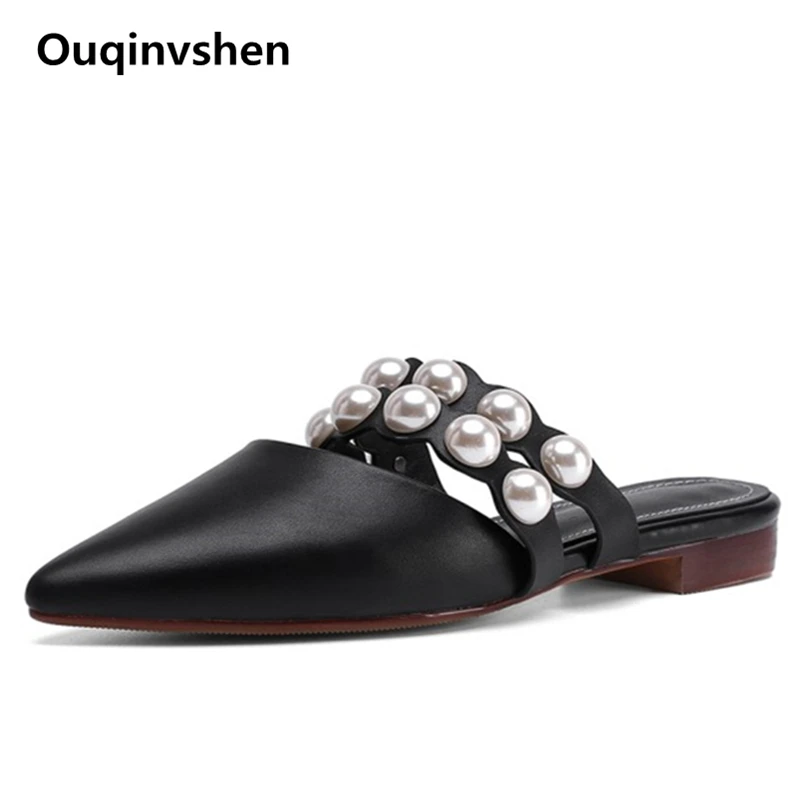 

Ouqinvshen Rivet Flat Slipper Women Casual Cow Leather String Bead Concise Women Summer Slippers Outdoor Black Mules Shoes Women