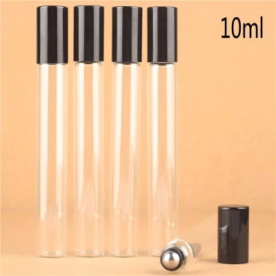 

20pcs/lot 10ml Roll On Portable clear Glass Refillable Perfume Bottle Empty Essential Oil Case With Black aluminum Cap