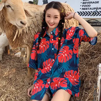 

Blouse Tops Women Korean Style Casual Shirt Harajuku Printing Blouses Summer Short Sleeve Turn-down Collar Shirts Femme